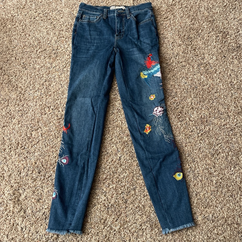 Free People Dark Blue Embroidered Skinny Jeans